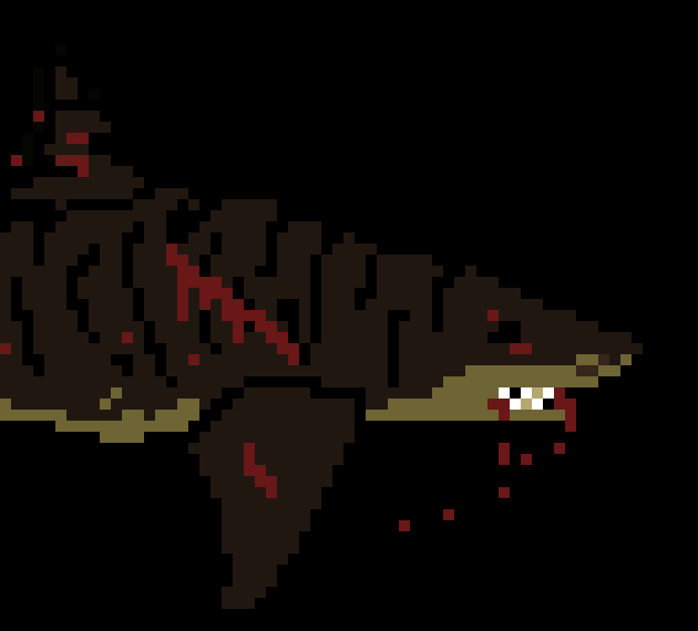 [013076] -[ The tigerfish catches whitty and starts trashing him around, leaving blood trails but managing to flop back to water. ]-