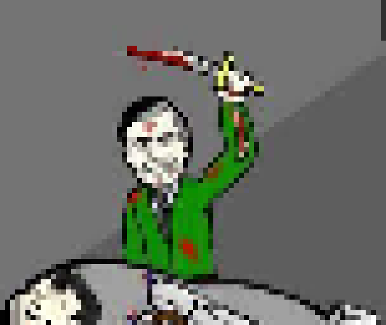 [a25343] Mr. Rogers in a bloodstained sweater.