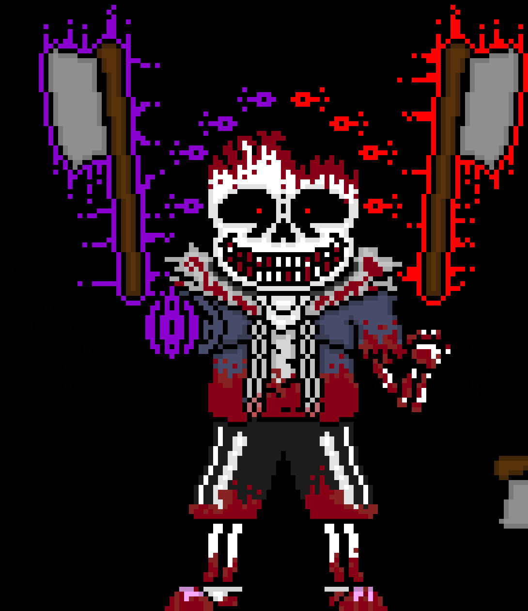 FYI: TripleTerror is able to teleport to different AU's (reluctantly tho) he got teleported to the funni dustnuts AU and he killed dustnuts with absolute ease (as we  all know Terror hates Dust and that includes every Dust AU accept dustfell dont ask why) and grabs his swords