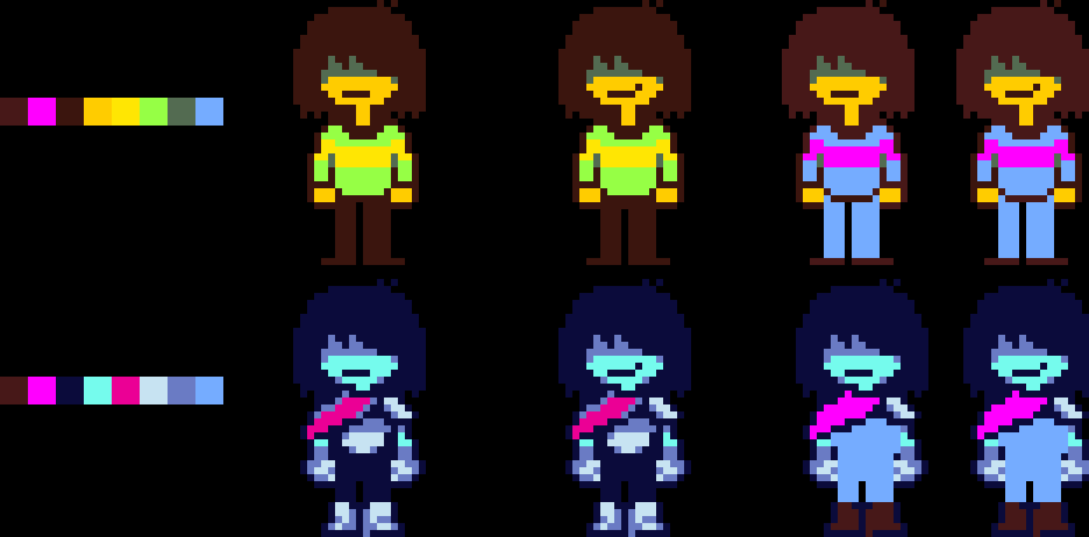 Kris Deltarune and frisk normal and smiling sprites