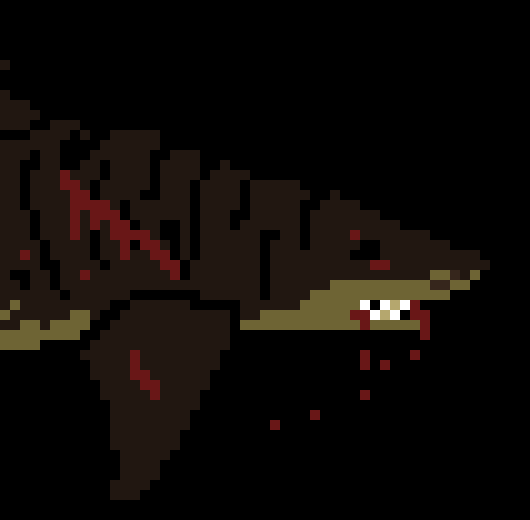 [013076] -[ The shark comes out of the water again, and flops to the unnamed guy, with blood drooling from her mouth ]-