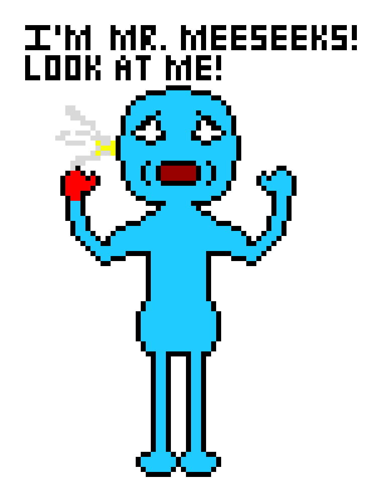 [3e48e0] *A golden bullet hits the Meeseek`s head, spilling white blood, killing him, and causing his corpse to disappear.*