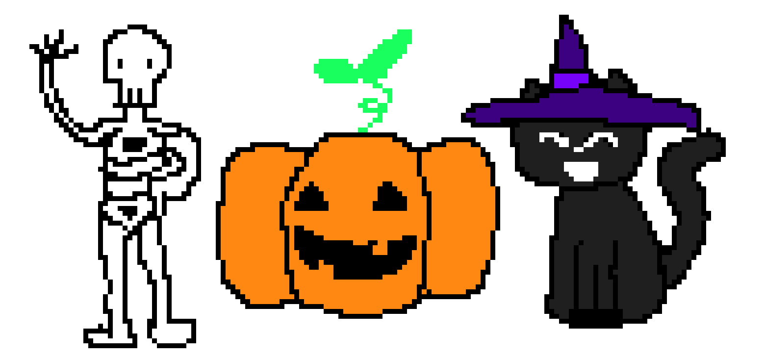 [1afa03] cat, pumpkin and skeleton
