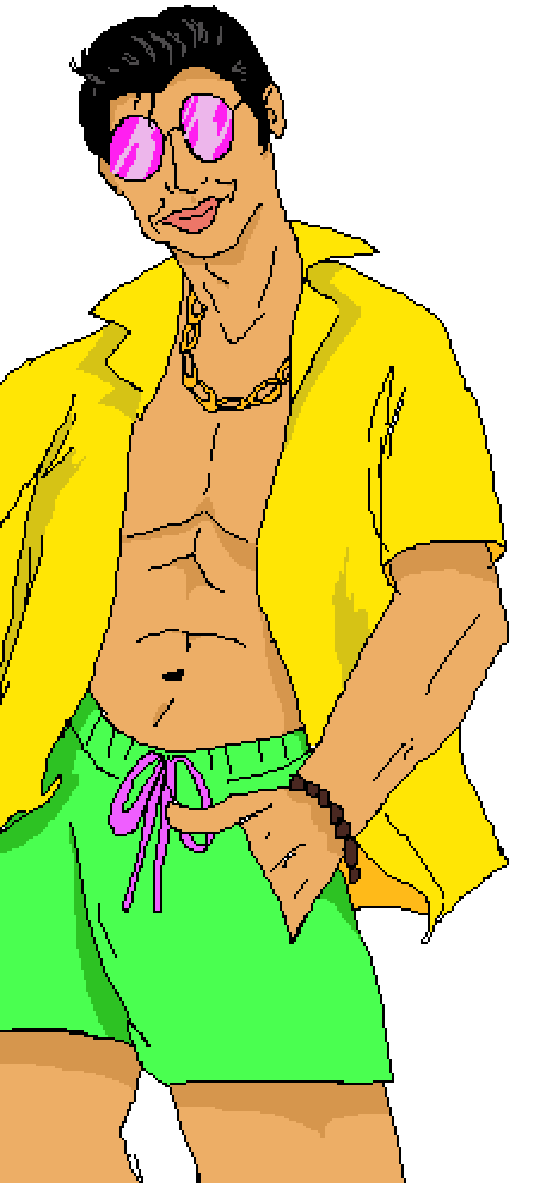[c0b9c8] *the man infront of them is tan skinned, very wet (probably because he was just swimming) and wearing some flashy, cheap clothing. a yellow vinyl jacket, hot pink sunglasses, slicked back black hair, a gold chain, a wooden bead bracelet, and bright green swimming trunks* he leans to the side to peer past misuti, towards the group "Luthor Hammond, welcome aboard! Now where did everyone come from?" 