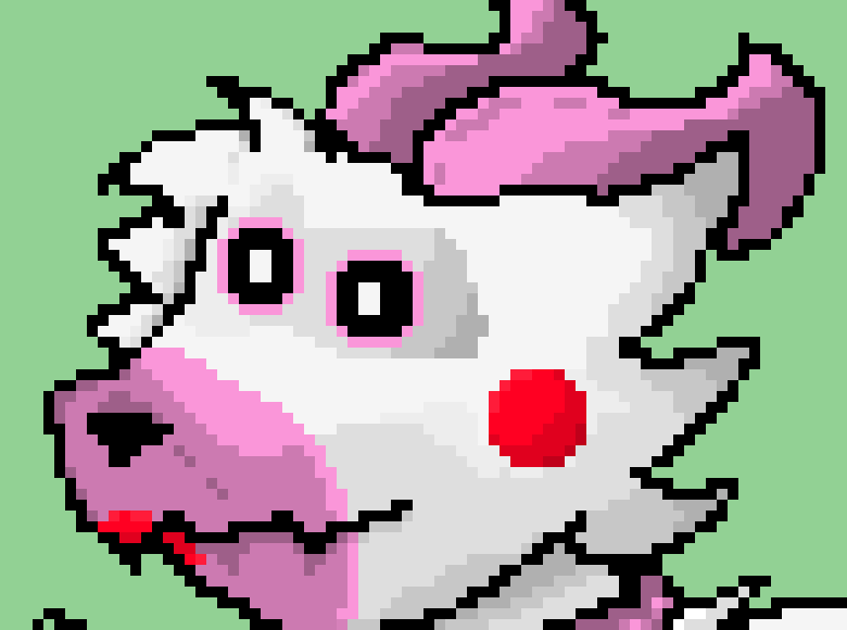 [05b0c1] *She is sitting at her bench. She has painted it white with a few pink spots. There is a flowerpot with a small blue flower inside beside of her.*