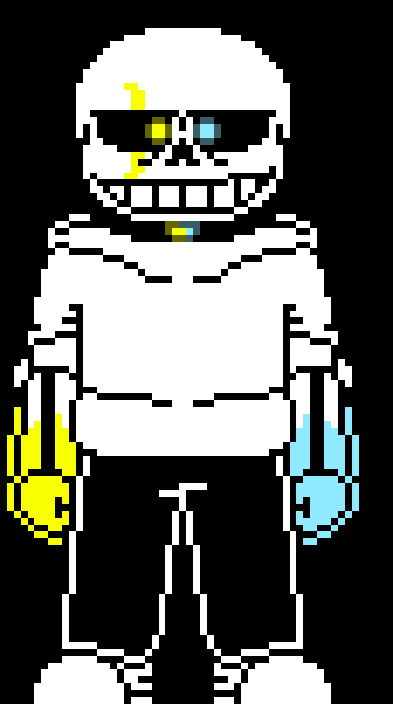 [c7b058] *Teleports horrorverse into the air and turns his soul blue so he cannot move* so.. you want to attack my friend? alright... that means you want to die!