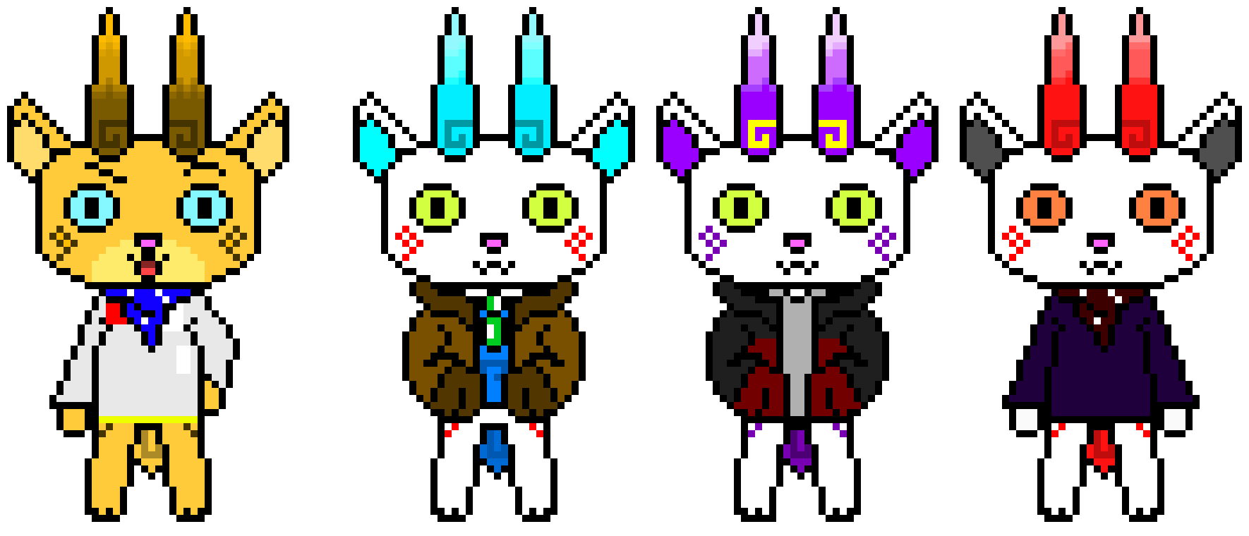 [5b2f3e] Let's see here, My first actually decent mained sprite remade, to not have wonky weird misplaced eyes and larger ears. with updated clothes appearances. we have a more half-brother in gilded iron armor, made by Yopple inc. we have the older brother with a warm Leather jacket, then we have a Komainu that Conjures both fire and ice, along with the ability to build things, who's best friend is a Komainu representation of the Dragon Quest Builders 2 Malroth. 