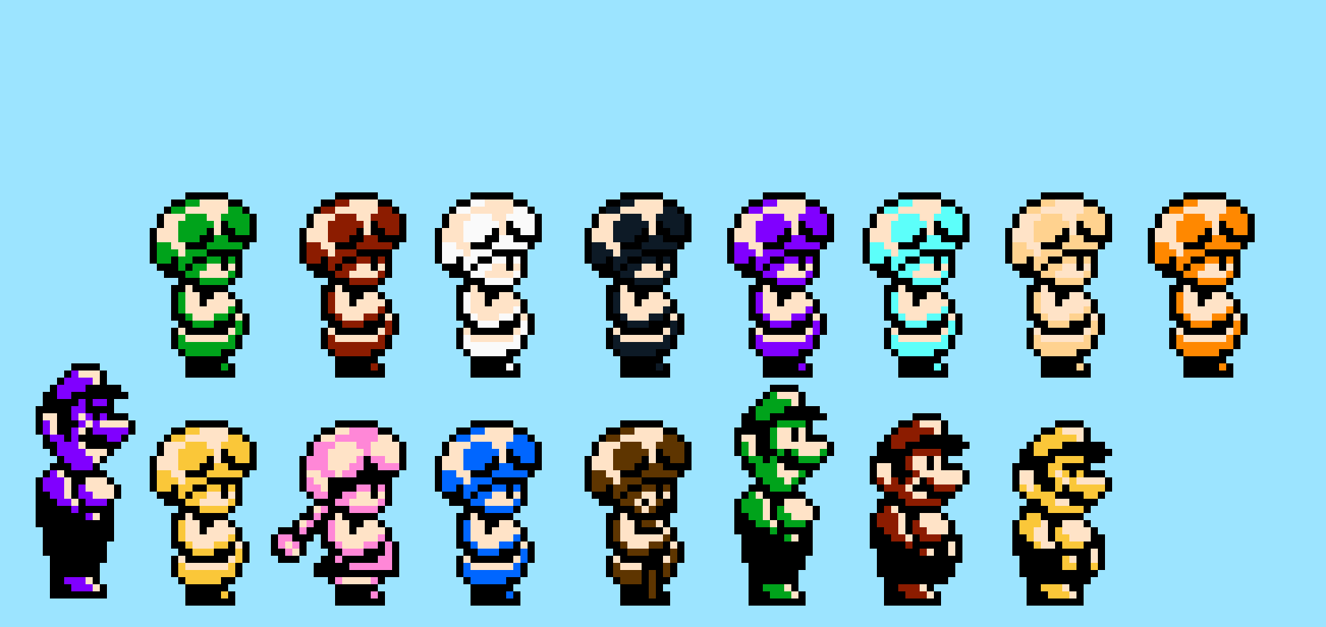 Super Mario Bros. 3 sprites of toad, mario and more.