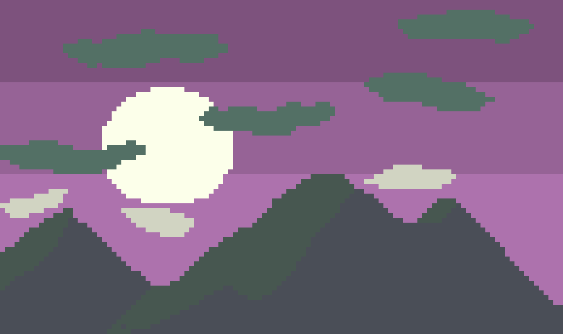 [e79e38] final pixel art of shadowy mountain with a bright moon illuminating the night above