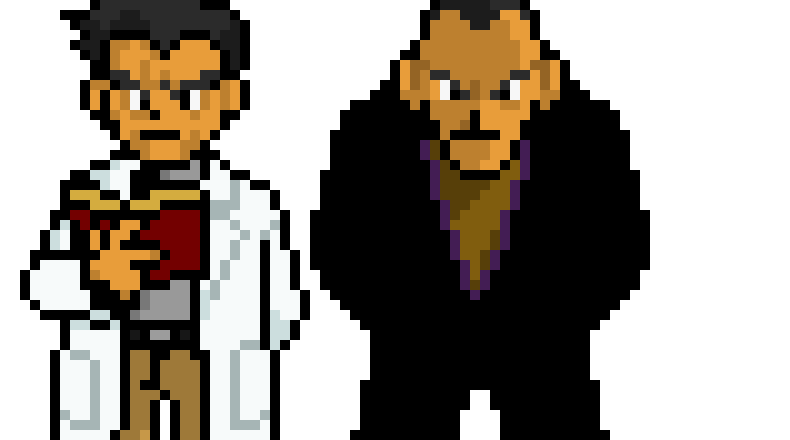 [b9fe70] William Caivernus, father of Leo and (VERY former) father of Talos -- What he was wearing during the Incident (left) and what he always wore afterwards (right) (ft. Professor Oak and Giovanni for palette reasons)