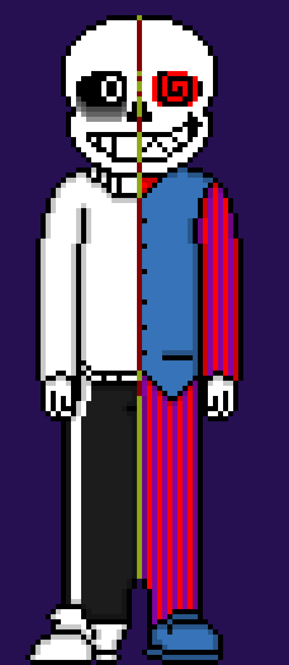 [b63bdb] two sanses in one body, a mirrored personality separated by the chains of reality. The combining of these two has shattered reality itself, ripping a hole in the multiverses and causing them to corrupt