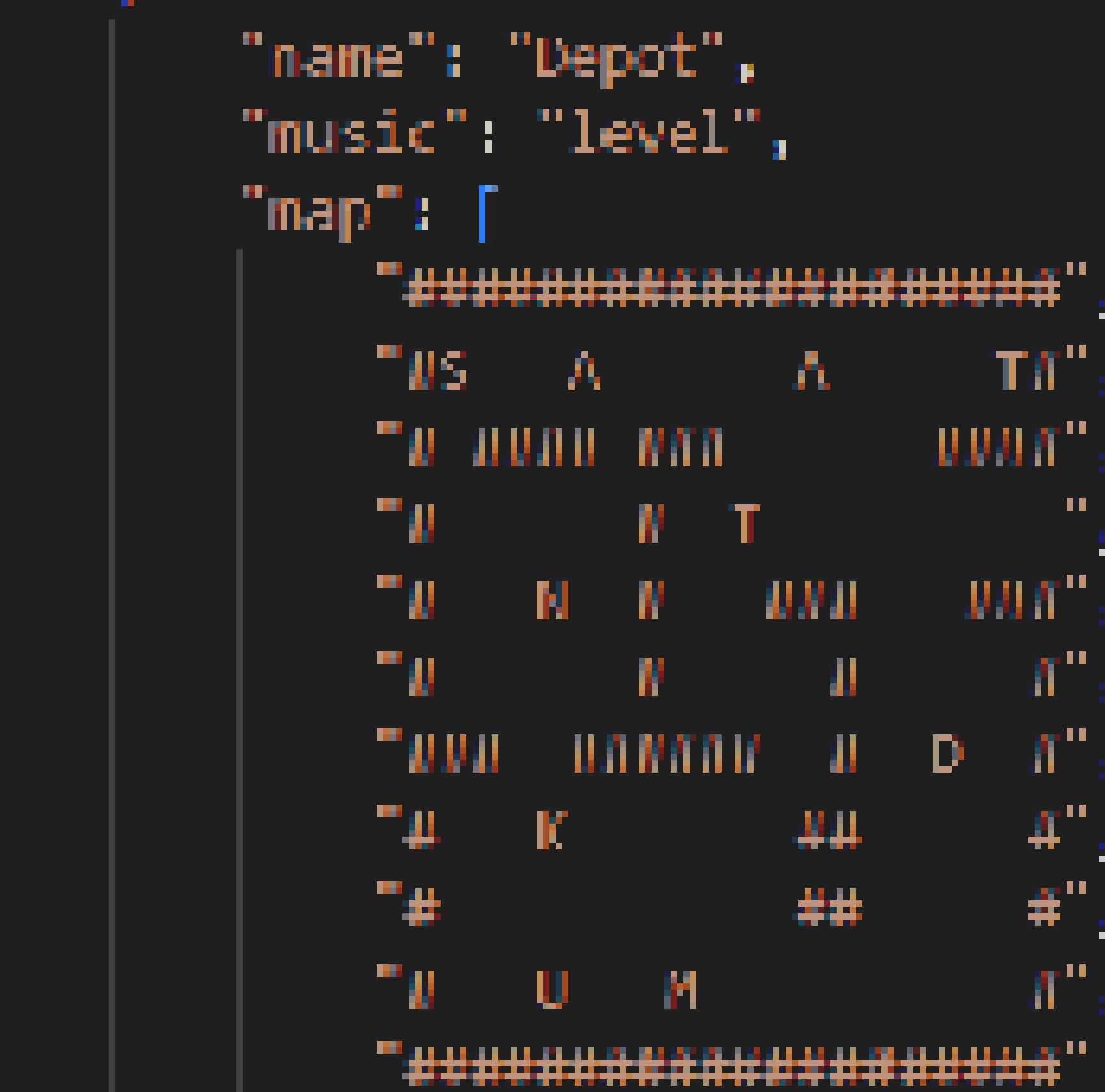 [bce8e5] which is by using literal lines of text, with # meaning wall, S meaning spawn, and so on. This makes making new levels super easy.