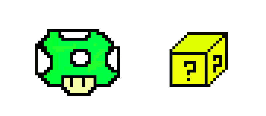 [9664c4] super mario pixel art- 1up mushroom, and 3-d mystery box