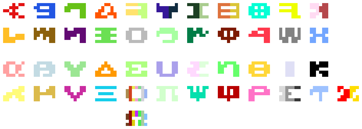 [8048ed] no it's just this specific creation that anguishes me. i recreated the entirety of the Phoenician and Greek alphabet in 7x5 format for each letter. i'm also trying to have them use different colors but idk if i can do that