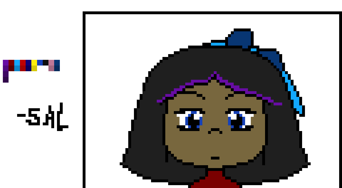 [f7c573] so, this is what i've done so far, since her skin was already dark, i made her black. her hair was naturally purple so for this i made 2 strips of her hair purple, i put a bow on her head to replace her ears and the 2 blue straps. its not done of course