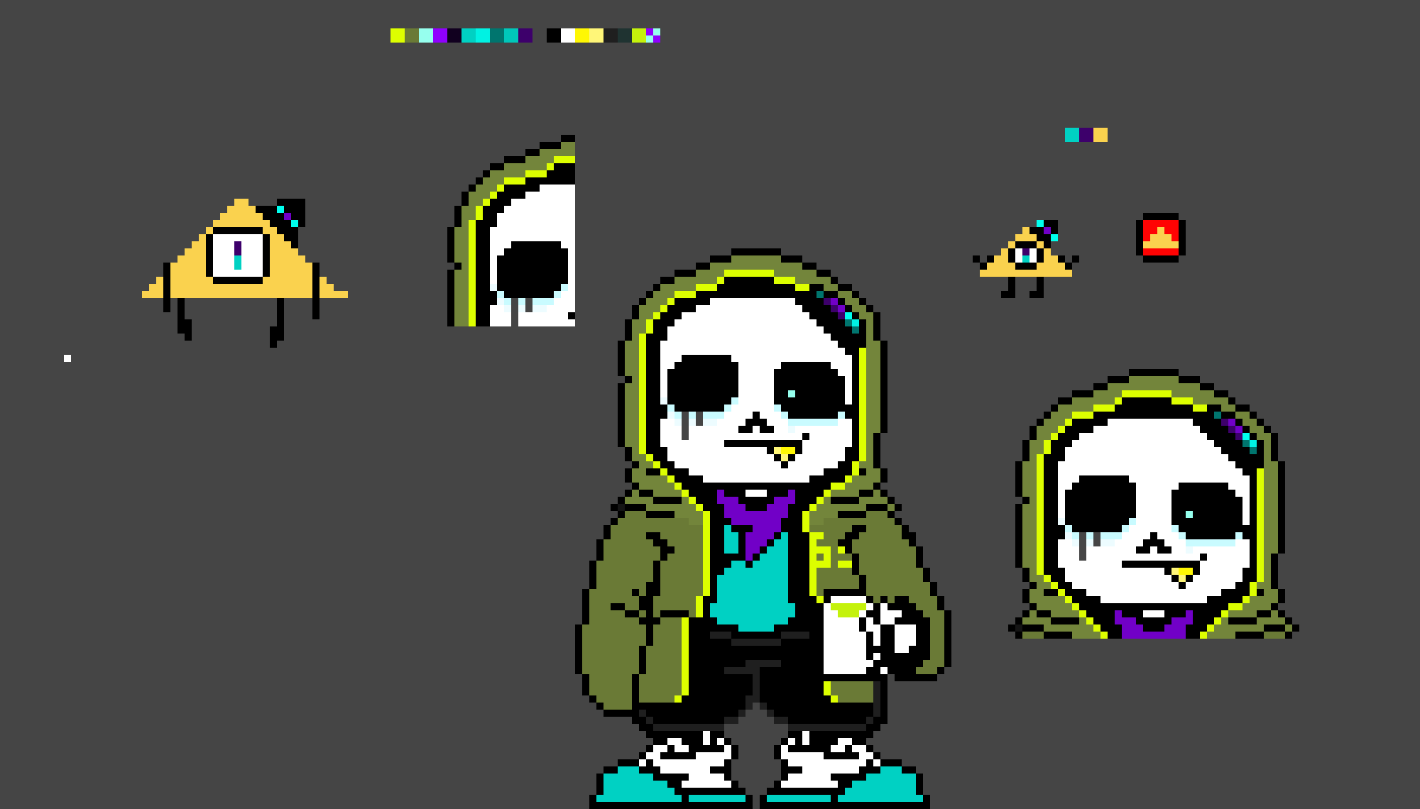 THIS IS MY CANVAS (its got me my other eye but open, my head (just in case i need to use it) Big dorito god,mini dorito god,doritos, colors used on my sprite and colors used on dorito god)