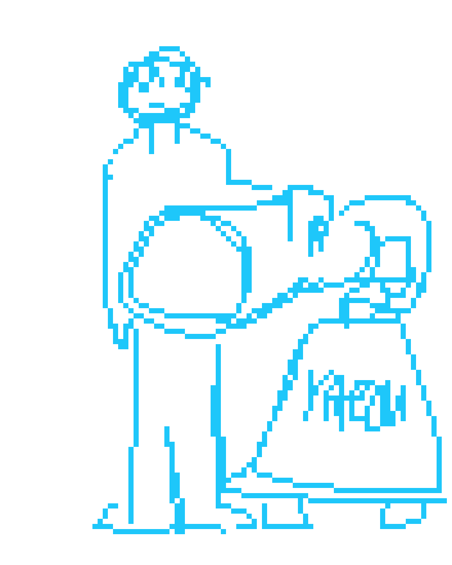 [24598e]  Stands infront of gabe, a few feet away, with a very large vacuum cleaner