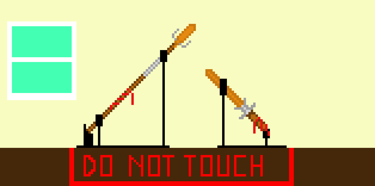 [2bee2d] Lava Spear And Lava Sword on a pedestol