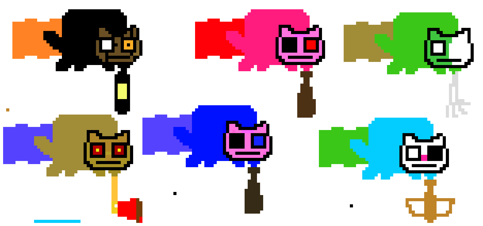 Mr. Stitchy cat, Penny Piggy cat, Georgey piggy cat, bunny cat, Doggy cat and Zompiggy cat