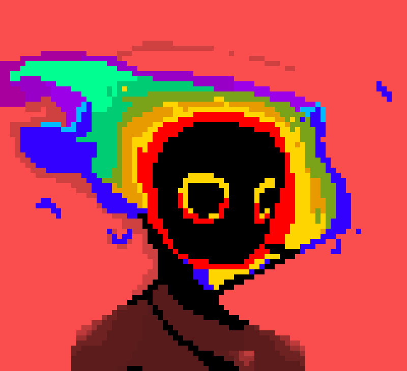 [070ca2] red man is clouded in high contrast and darkness, indicating a mysterious appearance. suit indicates typically in society a person of higher power, which can mean that red man knows more than a normal person. the mask hides the identity, but is a shared comedy and tragedy mask, representing that they are an "act" of sorts.
