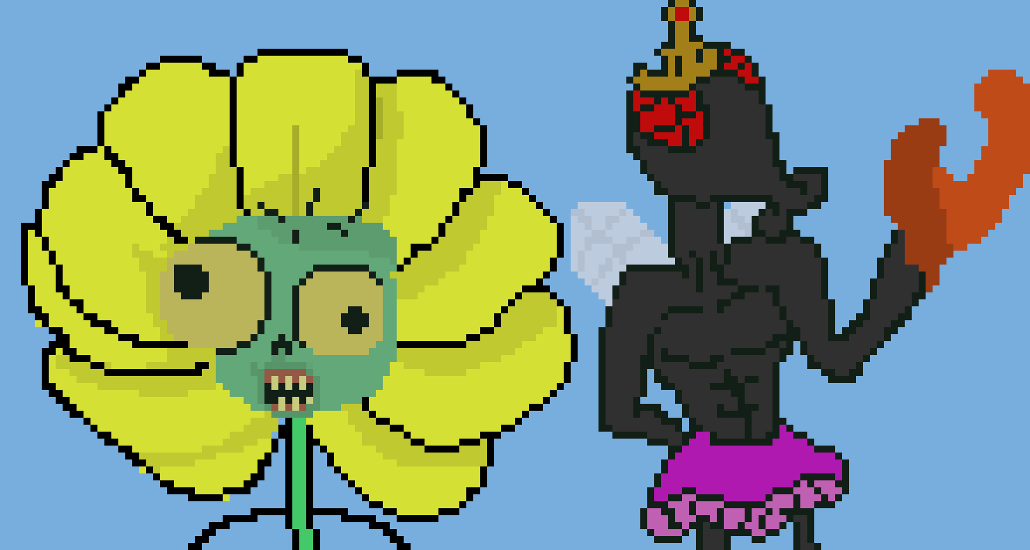 [8cf262] guys check out this picture I made its a Halloween drawing of two monsters in costumes ( a zombie in a flower costume and a flyman in a princess costume )