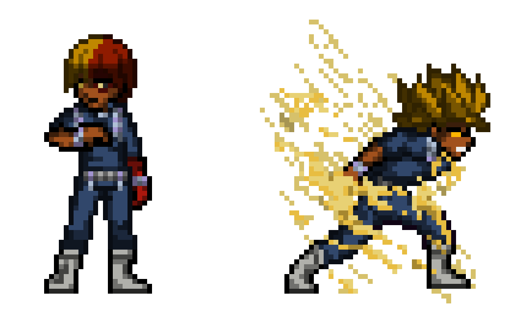 [6c26bc] Marko O'Voltor (A.K.A. Pyrovolt) - MHA Hero OC Idle Sprite and "Quirk in Action" Sprite