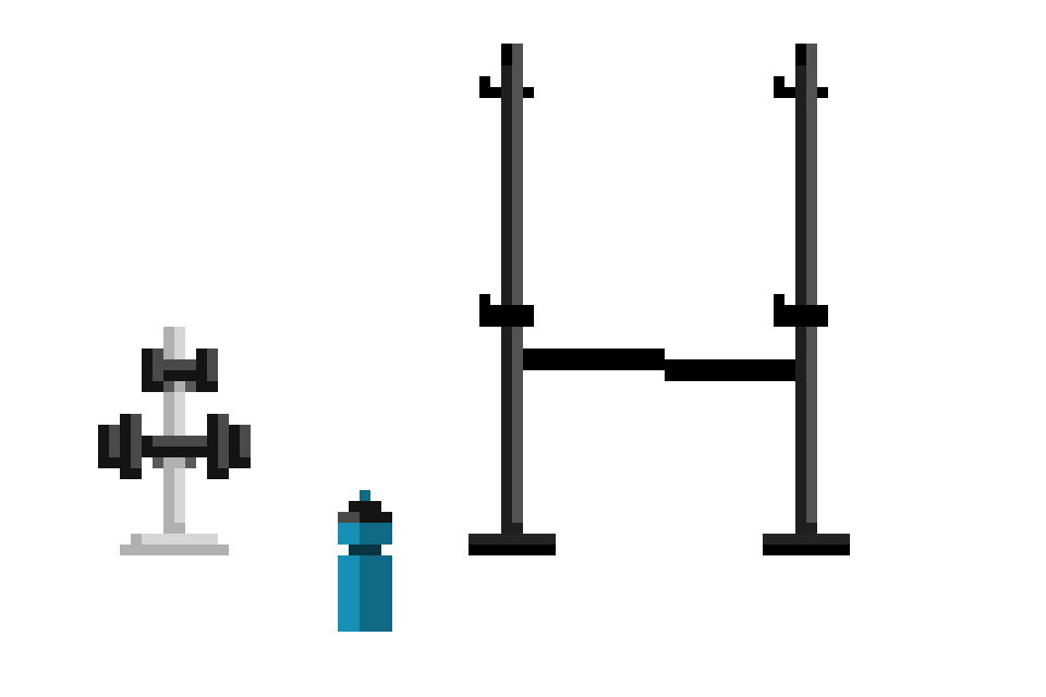 [9664c4] Dumbels, barbell stack, water bottle