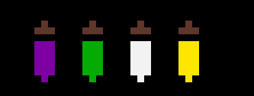 [7a4037] vials. Purple is poison, Green is healing, white is antidote, and yellow is flashbang