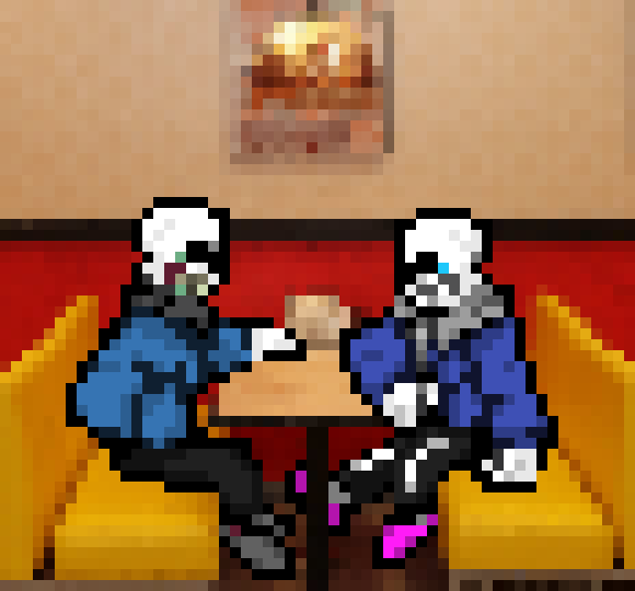 [35dc76] *he pulls out a crumpled peice of paper and flattens it out before showing it to exodius, it appears to be a sketched drawing of the two of them at mcdonnalds* recently the kid started takin art classes, 'n that inspired me to draw a bit more, so i decided to draw when we were grabbin some grub a bit ago at mcdonnalds, what do ya think?