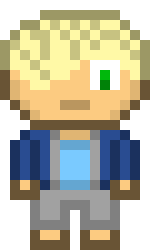 [e16e82] *Puts Lucas wig, green eye paint, a blue jacket, a blue shirt, and gray shorts on* There I am not Brian! I'm Lucas!