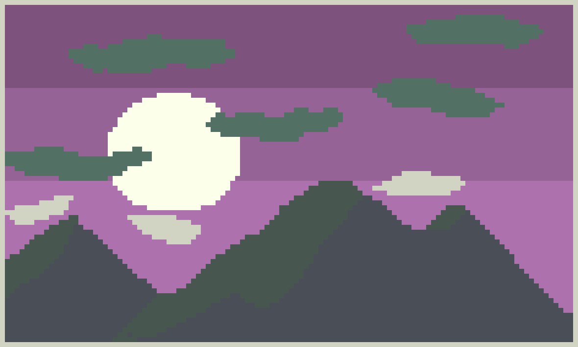 [e79e38] final pixel art of shadowy mountain with a bright moon illuminating the night above