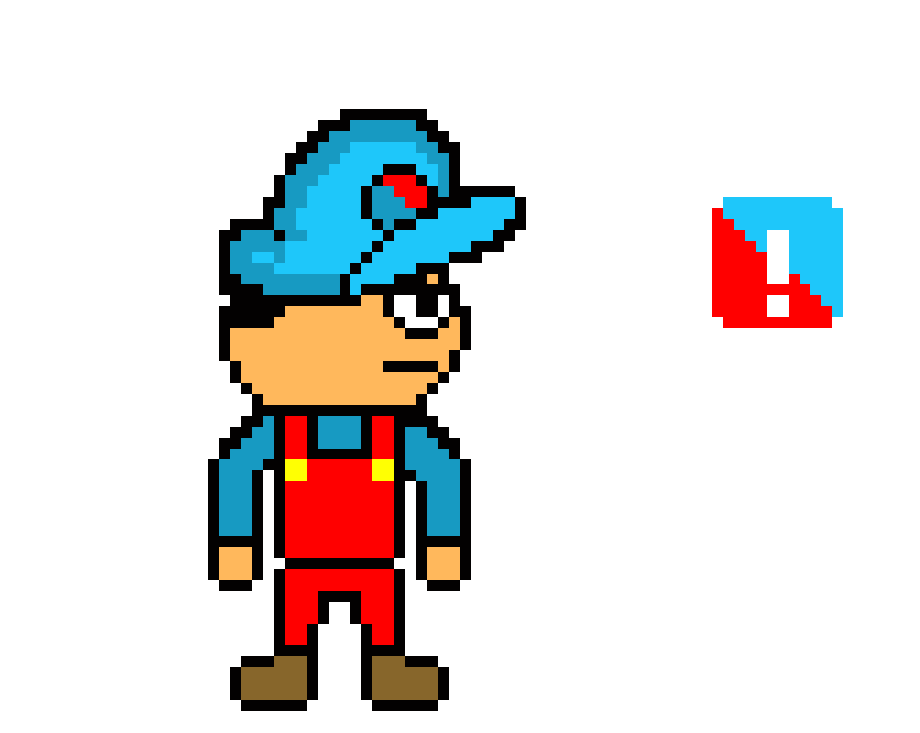 (stands in the corner and checks if anyones looking then pulls out a block thats red and blue) ...