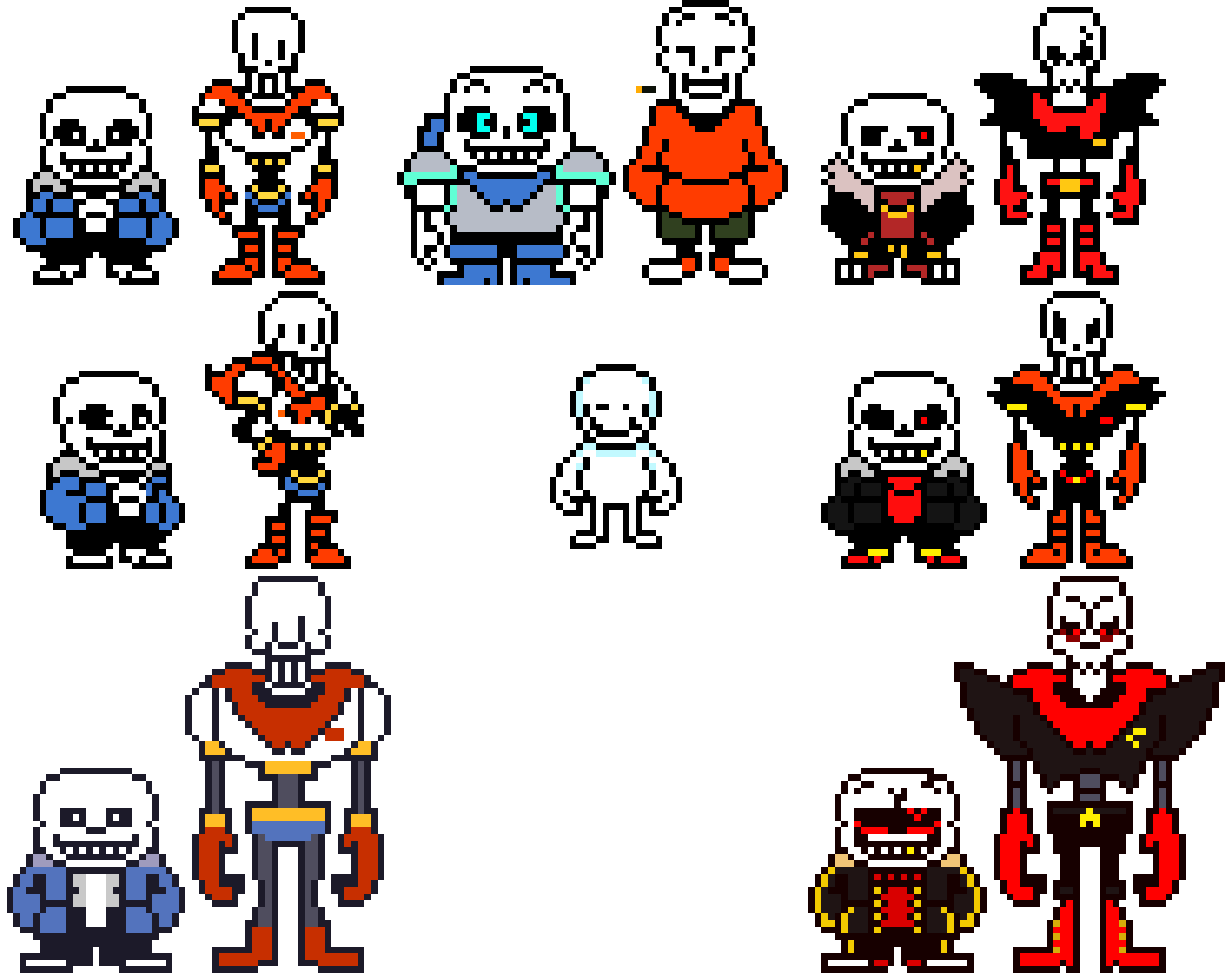 custom Sans and Papyrus undertale, underswap and underfell overworld sprites (with cursed spep.)