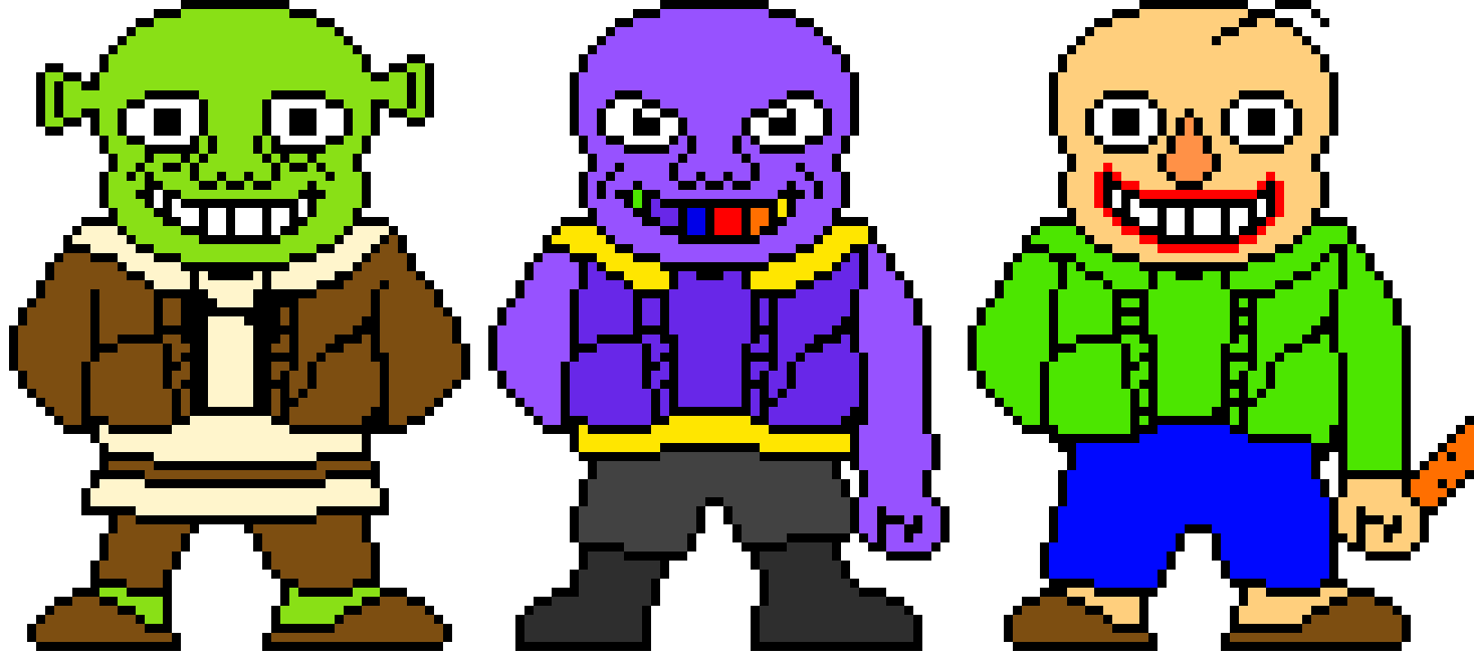 all of the sanses weaknesses in order. shrek sans-a finite amount of layers. sansos- I don't actually know yet. Baldi sans- something to do with the notebooks