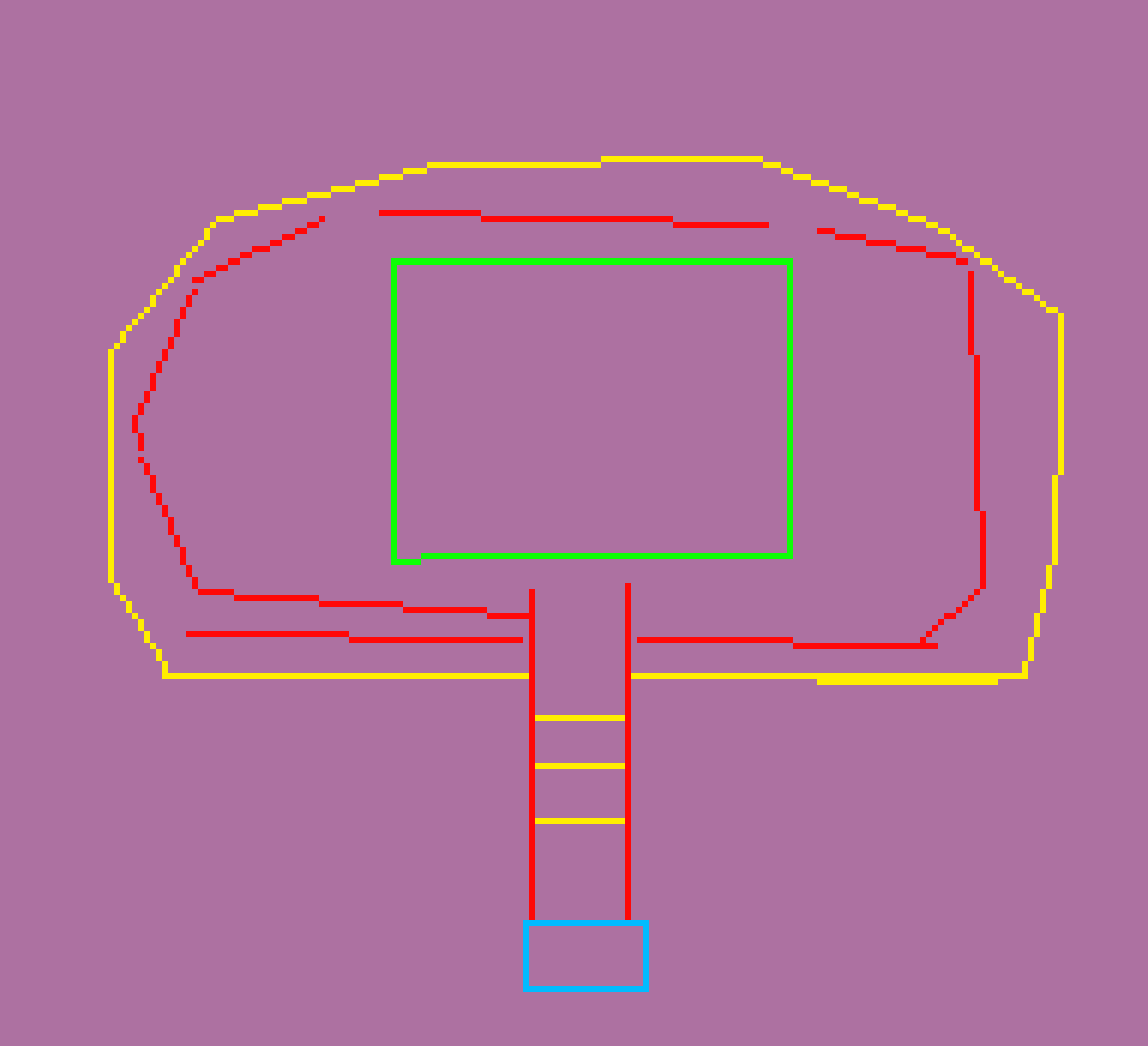[90dac8] super shitty map but the red and yellow are hallways and rooms, the red hallways are non-Euclidian and the middle green box is a huge colloseum