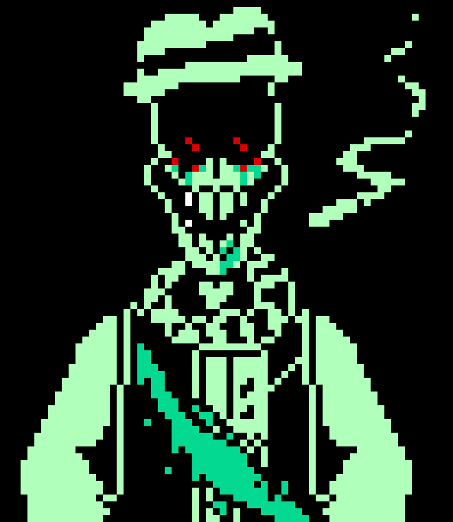 [2fbf6b] * He'd bleed from his eyes as he sends gatling blasters ( The circle blasters at the end of sans fight ) *