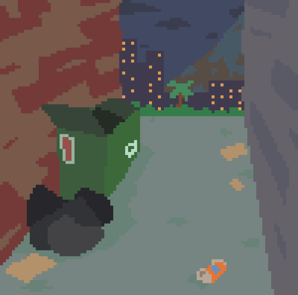 [8de716] Location, PAM City, an alleyway like every other, getting dark outside.