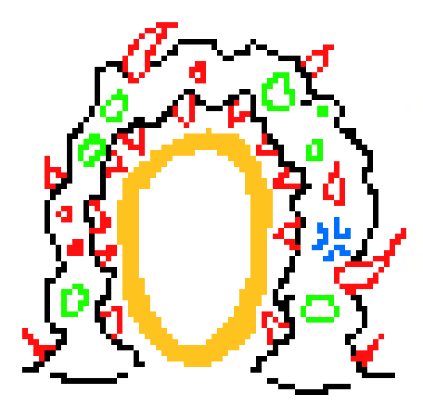 [9ce148] ["the red pointy parts are obviously sharp bones/teeth, the green circles are eyes, and the singular blue thing is to convey that it does in fact have veins. the gold oval in the middle is obviously the portal itself"]