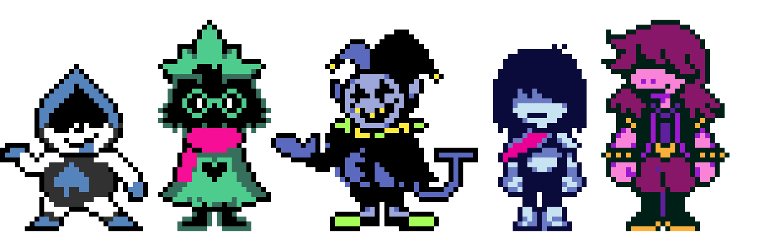 (Lancer, Ralsei, Jevil, Kris, and Susie. All sprites by Mr. Fox and not by somebody else because if you use this without credit, I am gonna intentionally smite you with the 7 furies of Satan. - LSS)