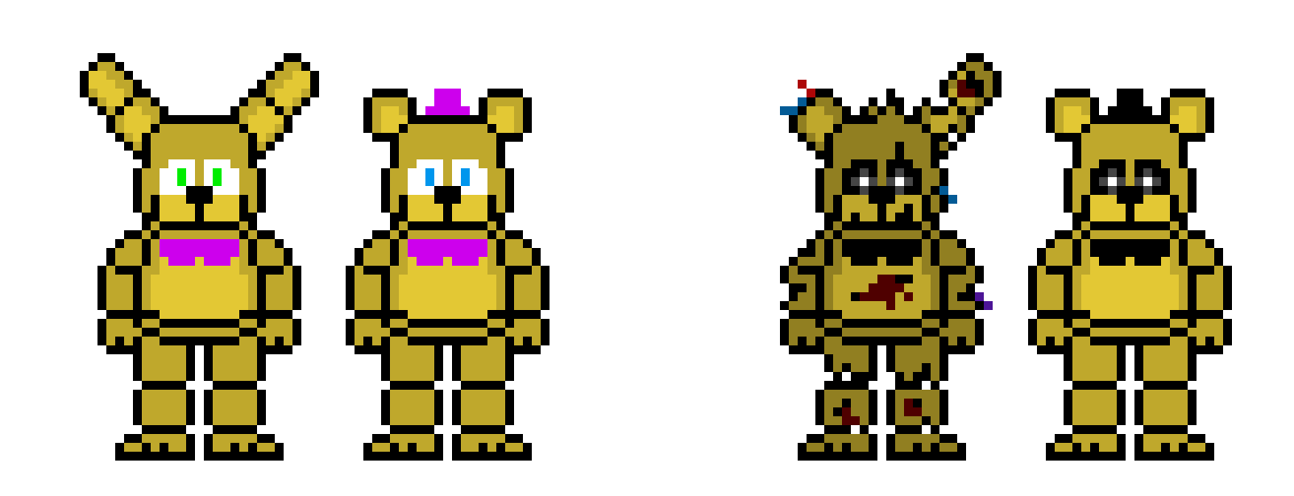 Fredbear, Springbonnie, Springtrap, and Golden Freddy