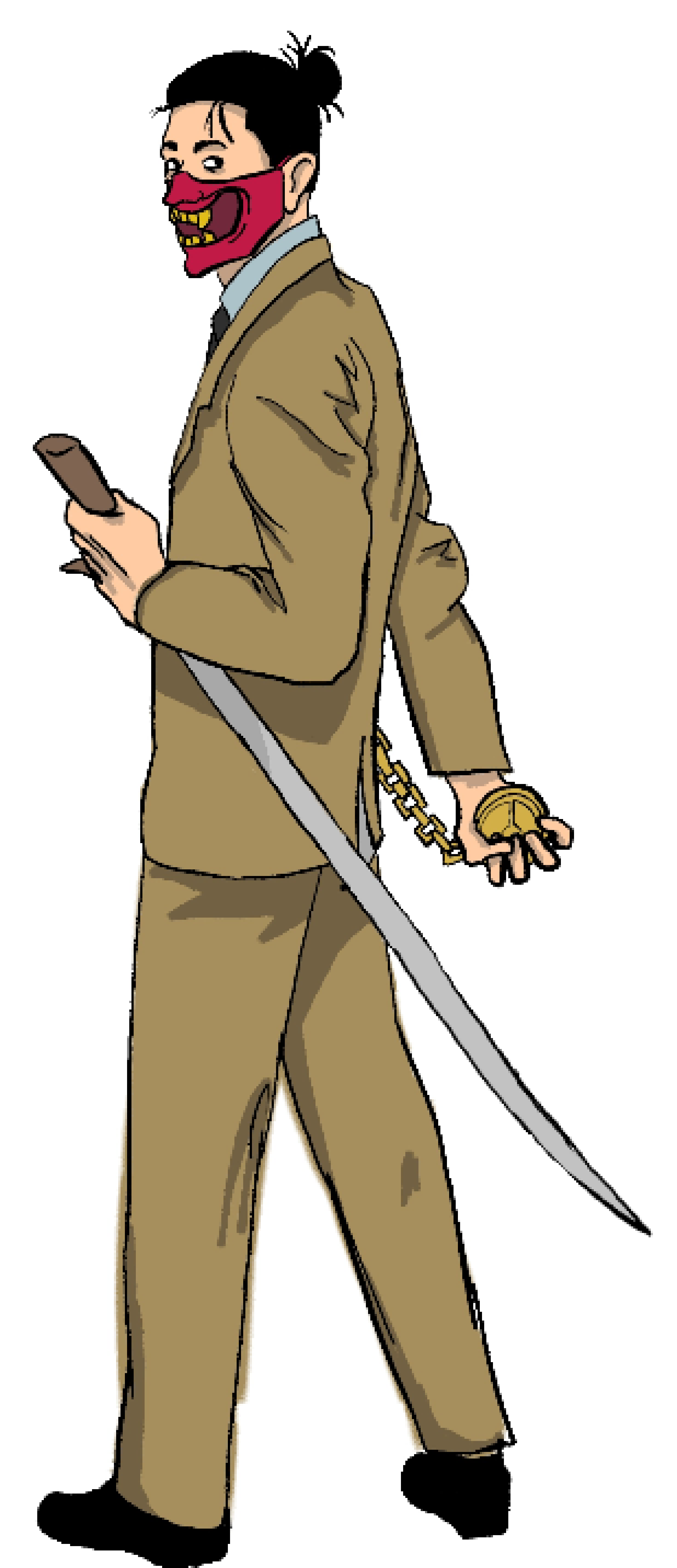 [e1256f] *The man is of average height. He has a tight sleek man bun, and a red half-face Oni mask. He wears a shaggy, quickly ironed beige overcoat and khakis, paired with a spiffy black tie and baby blue work shirt. He has a gleaming katana on his waist, which he promptly unsheaths as he puts his watch away.* "Luthor, I didn't think I would see you down here. Not a very relaxing place."