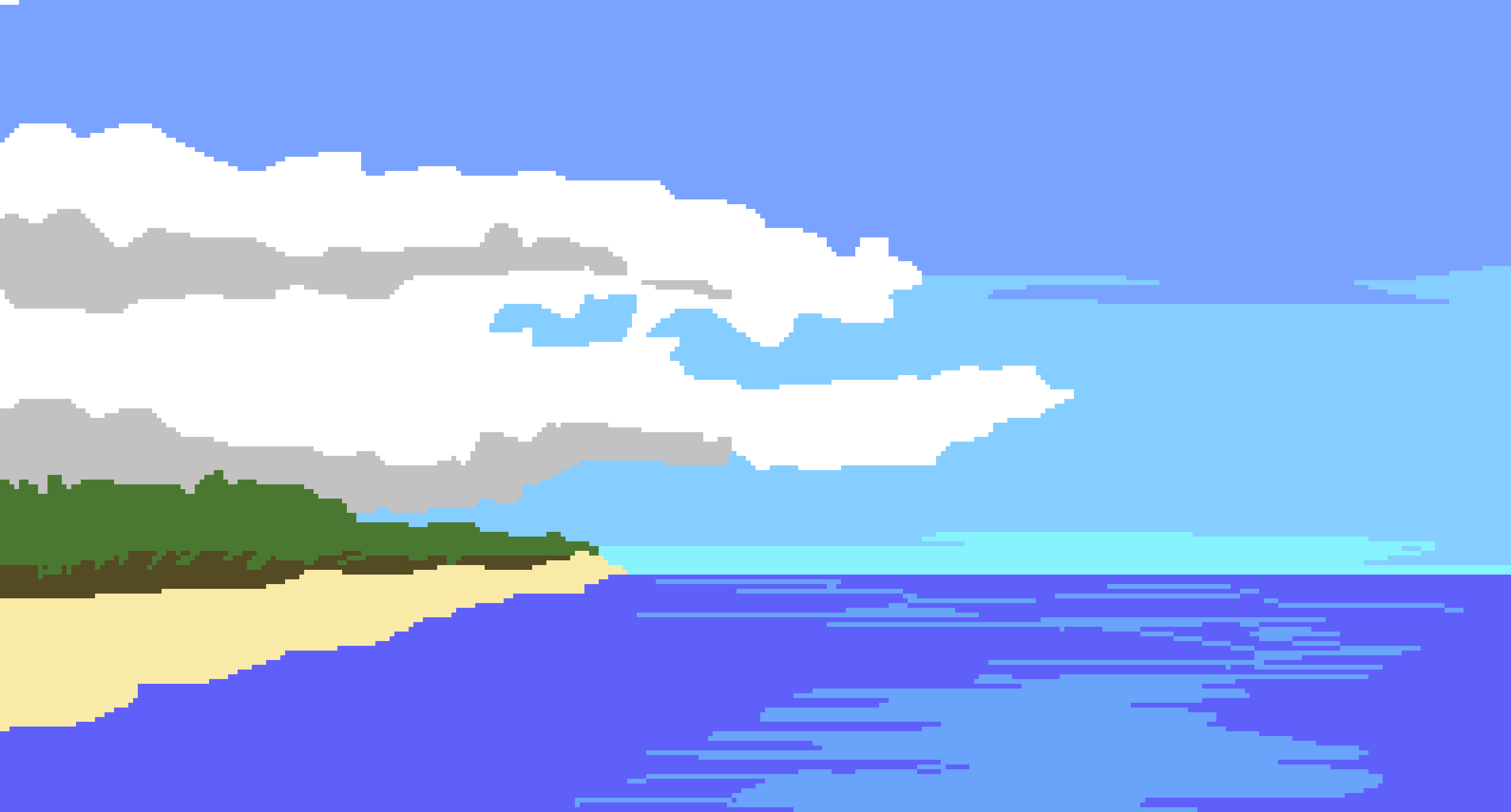 [115e94] there are no people around. the waves crash softly against a silky beach, a tree line of palm trees a ways into the shore. it seems to be midday. the clouds billow overhead. the wind is calm and cooling.