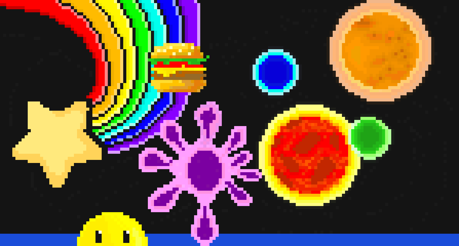 Star+splat+burger+sun+sun+planet+planet+water(start)+smiley (top half left 2 thirds)