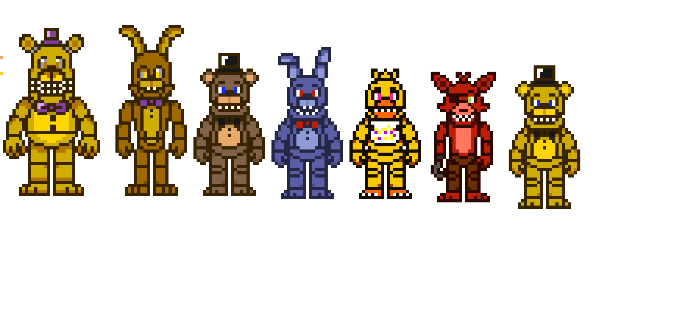 [4076f0] btw ima use these...moau if your there, you can use freddy, bonnie, chica, foxy, and goldie. even though he isn't really entertainment...-fredbear and friends (cleetus)