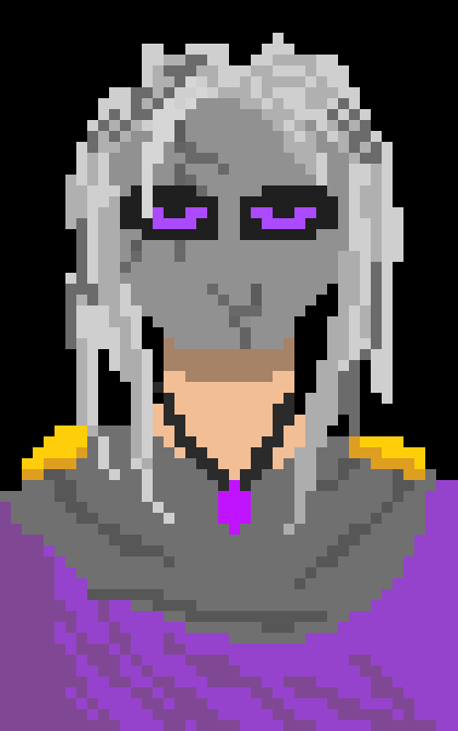 Im on mobile so its ass but uh- ok so he has a cracked iron mask with rectangular eye holes like doctor dooms, and you can see violet glowing eyes inside of the holes. Long white/grey hair, tannish skin, a grey cloak with a draped portion on the front, held on by golden clasps, and a dark purple robe underneath