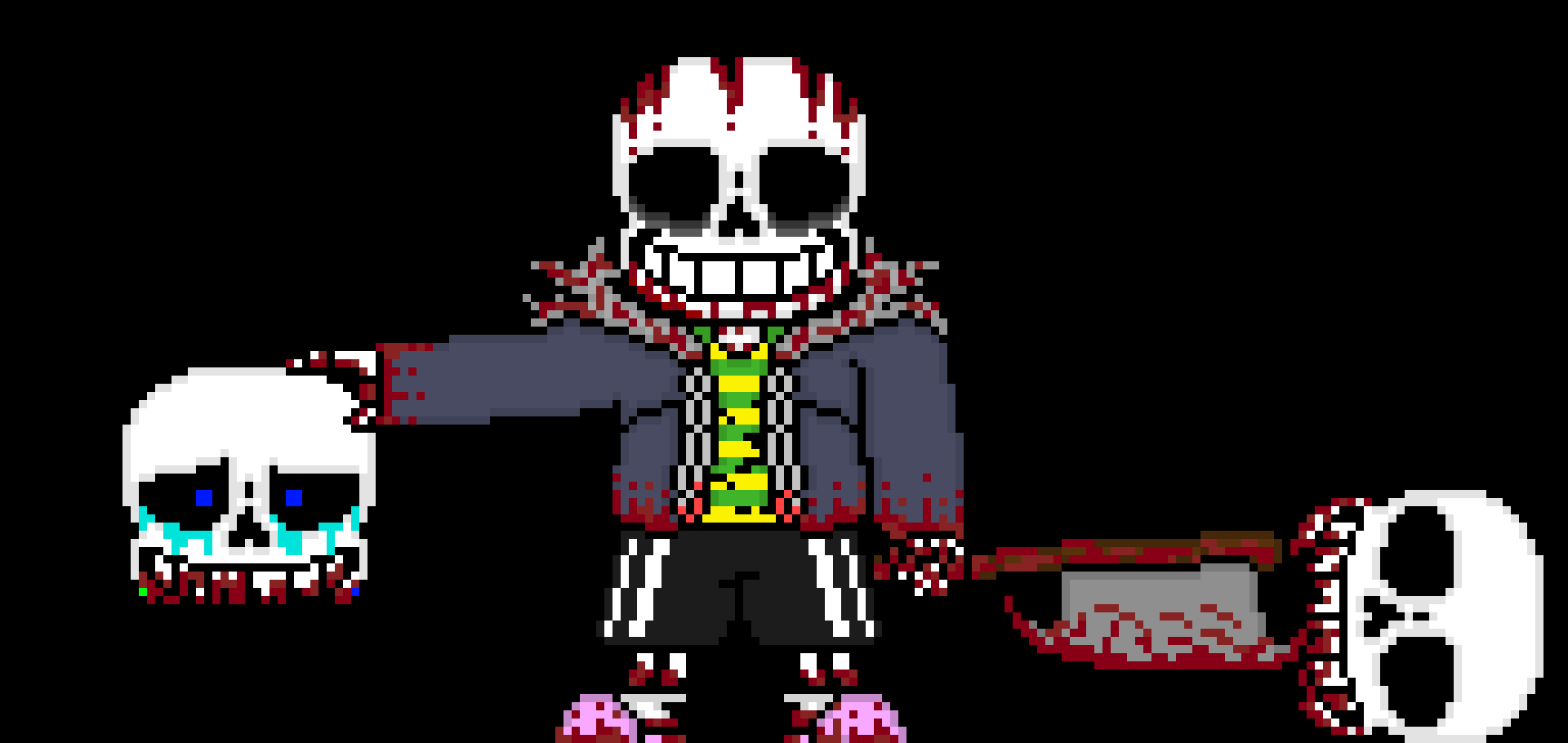 [e8cb42] hes wearing Madness's head, he stuck Deletes head onto his axe and he is just casually holding  multi's head)) *walks in* well well, whats going on here? 