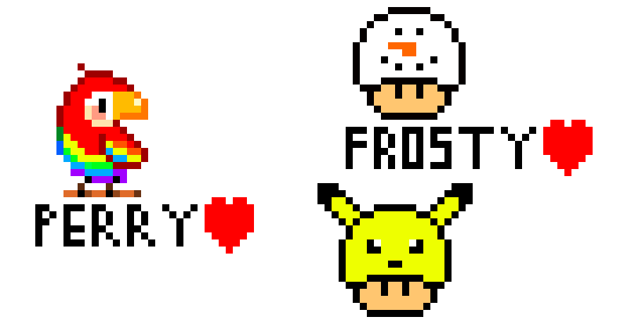 [7c6519] Random Pixel Art Designs (Perry the Parrot, Frosty the Snowman Mushroom & Pikachu Mushroom)