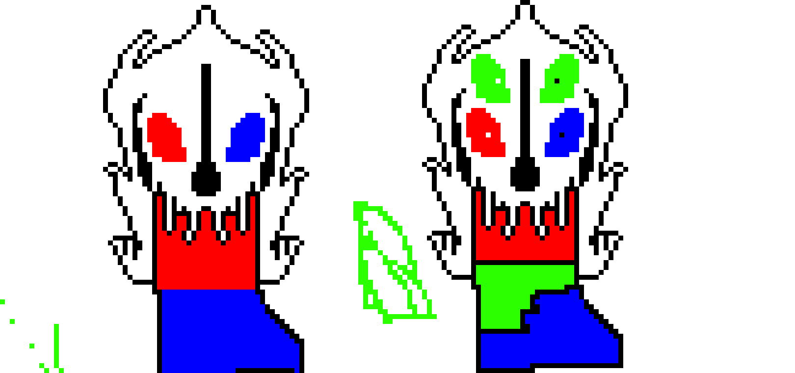 [97ed22] fatal error sans gaster blasters one with 2 green eyes and 1 blue eye and 1 red eye