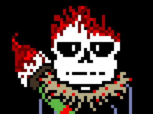 [2227f8] Once upon a time, a horror sans came and joined a trio, guy with dust, guy that always cries, were with him, he dieded by the child (dont toucha da child) but he came back with the help of sane gone man, and then he stepped on a lego which made him melt :( he melt for long time, then he put himself in the freezer and found some glasses, when he went for haircut they cut into his head, now scars, sad... even with the pain of lego, he still prevail, only to try to dieded the dusty man behind the slaughter. :)