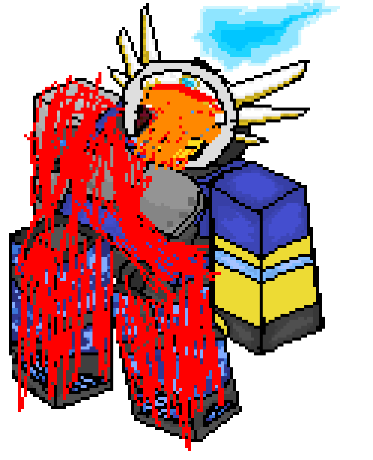 [eccef3] Fun fact: the area ive scribbled out with red is the areas of his body that are replaced with metal, and orange means its metal implanted into flesh